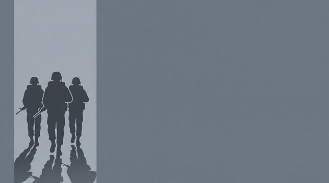 Three Soldiers Silhouette Walking on Gray Field with Reflection | Minimalist Military Movement and Remembrance Graphic