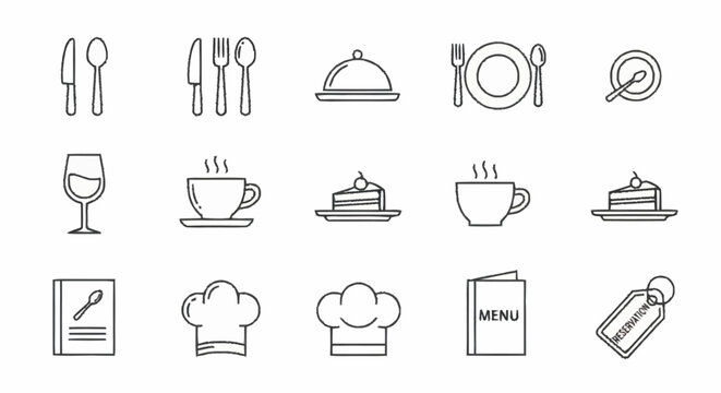Restaurant and Dining Icons - Cutlery, Dishes, and Culinary Elements.