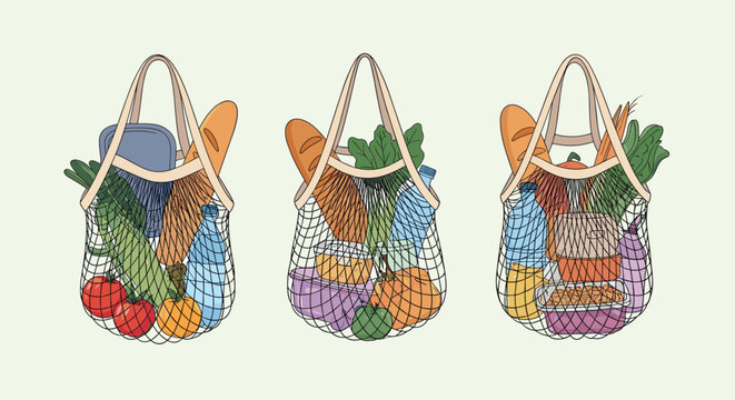 Eco friendly reusable net bags filled with fresh groceries including vegetables, bread, and bottled water for life.