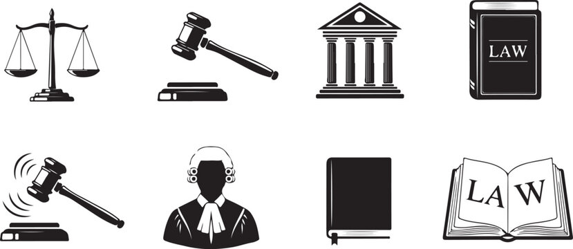 Law and justice icons set featuring legal scales judge gavel courthouse building law book silhouettes and attorney with wig graphic.
