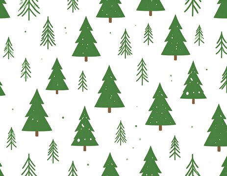 Festive pattern showcasing hand-drawn green evergreen trees of varying sizes with scattered tiny dots against a white backdrop