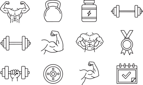 Bodybuilding and fitness training icons set featuring muscular torso kettlebell protein supplement barbell medal and workout calendar.