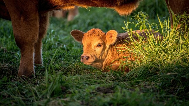 calf. A calf nestles close to its mother in a sunlit pasture. wildlife magazines, conservation campaigns, designed for nature documentaries and education, promotes animal welfare.