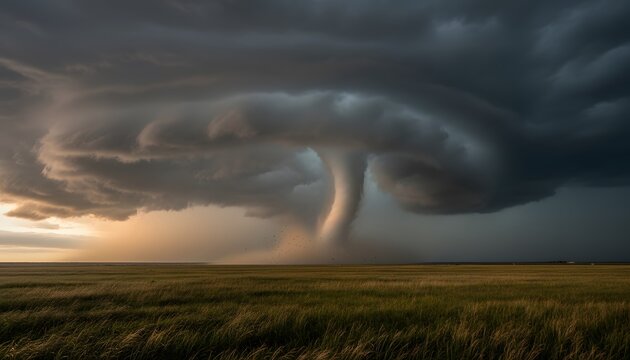 Tornado forming during a dramatic hurricane season over a vast field with dark storm clouds and golden sunset light for extreme weather disaster concept