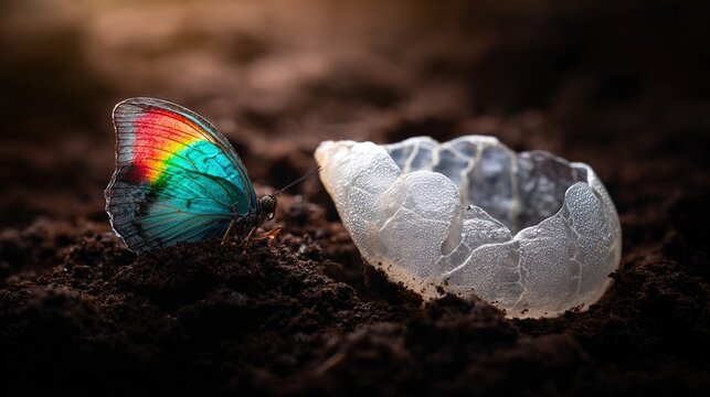cicada. Vibrant butterfly taking flight beside an empty cicada shell in soil. wildlife magazines, conservation campaigns, designed for nature documentaries and education, used by motion designers.