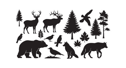 Fototapeta premium Forest wildlife silhouette collection featuring deer bear wolf and birds among pine trees and maple leaves outdoors set.