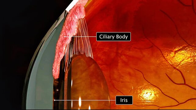 3D animation showing cornea, ciliary body, lens, and iris anatomy of human eye clearly.