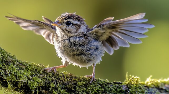 fledgling. A young sparrow attempting its first flight from a mossy branch, wings splayed. wildlife magazines, conservation campaigns, designed for wildlife conservation campaigns.