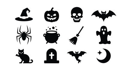 Fototapeta premium Halloween themed icons featuring a witch hat jack o' lantern skull bat silhouette spider cauldron broom ghost black cat tombstone flying bat and crescent moon arranged in a clean