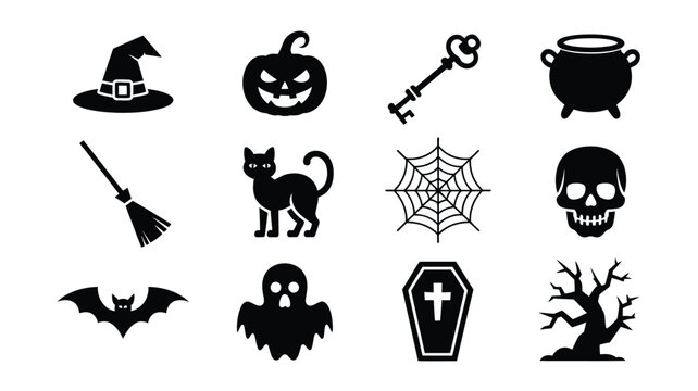 Halloween themed icons featuring a witch hat jack o' lantern skeleton key cauldron broom black cat spiderweb skull bat ghost coffin and eerie tree all in bold black silhouettes