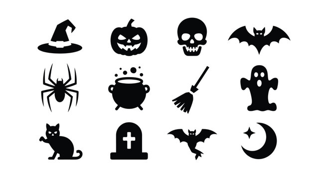 Halloween themed icons featuring a witch hat jack o' lantern skull bat silhouette spider cauldron broom ghost black cat tombstone flying bat and crescent moon arranged in a clean