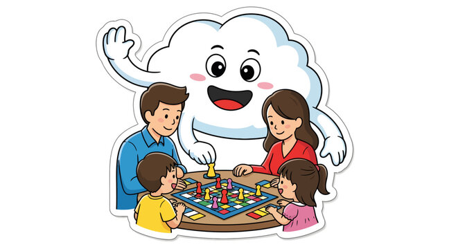 Family playing board game with cartoon cloud character