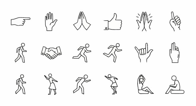 Set of Linear Icons Representing Various Human Actions and Gestures.