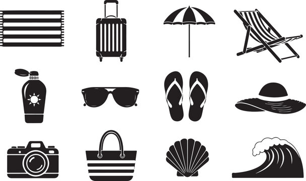 Summer beach vacation essentials icon set featuring sunglasses flip flops sun protection lotion travel suitcase and seaside elements.