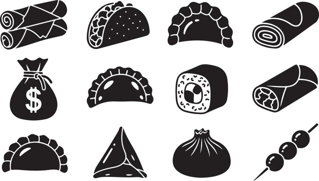 Set of hand drawn food icons including spring rolls tacos dumplings sushi and more.