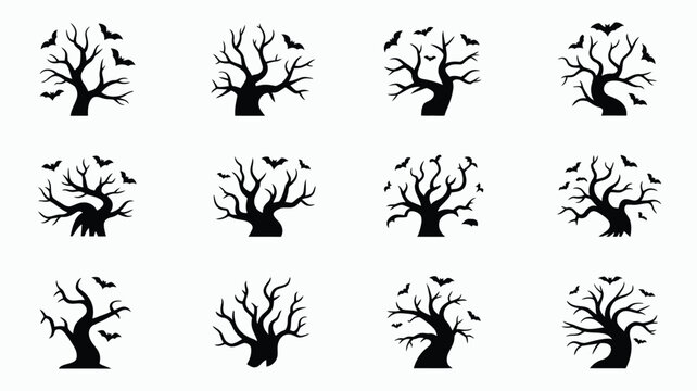 Set of isolated black silhouettes of leafless trees with birds perched on branches minimalist vector design with stark contrast ideal for halloween or nature themes