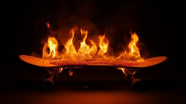 Skateboard deck on fierce fire and intense orange flames isolated on a deep black background. Conceptual symbol of extreme sport burnout and youthful rebellion