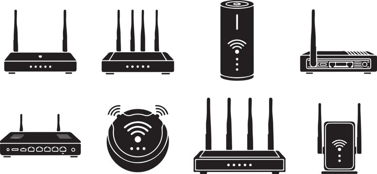 Collection of wifi router and modem icons for wireless internet technology.