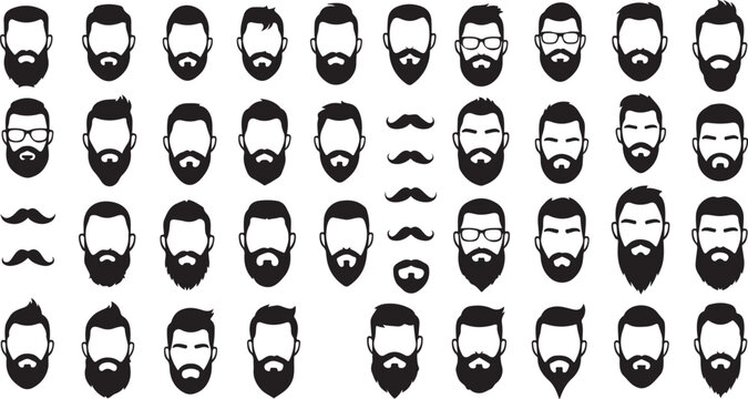 Barbershop silhouettes collection featuring male heads with stylish haircuts moustaches beards and glasses for hair salon branding design.