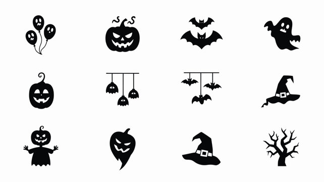 Halloween themed black silhouettes of jack o' lanterns ghosts bats witches and spooky trees for holiday decorations