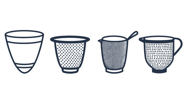 Four stylized, line-drawn containers with varying designs a tumbler, two dotted bowls, a beaker