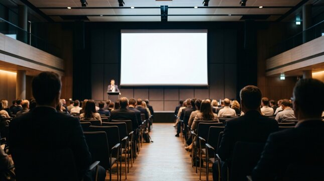 Blank white projection screen mockup on stage at a corporate business conference seminar with speaker and blurred audience