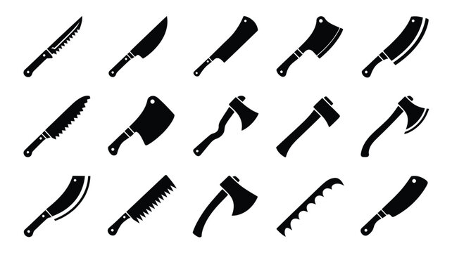 Collection of black silhouettes featuring a variety of sharp tools including knives cleavers axes and saws for cutting and chopping