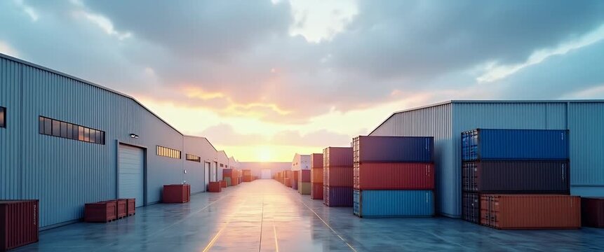 Photo realistic as Warehouse exterior and shipping container icon with copy space for promotional materials concept as An artistic rendering of a warehouse exterior and a shipping container icon with 