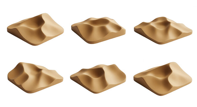 six isolated 3d desert sand dune models angled white background for architectural game asset and design illustrations