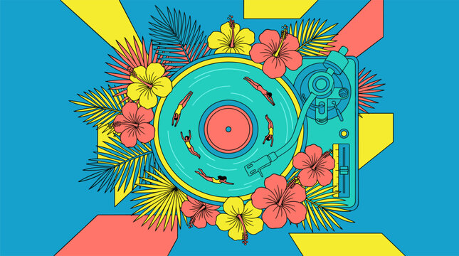 Vintage Record Player Swimming Pool With Divers Pop Surrealism Flat Illustration With Bold Outlines