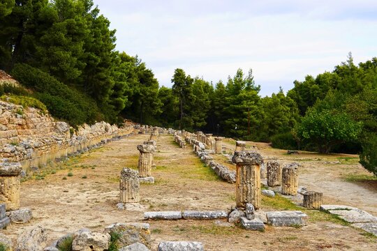 Ruins of a long colonnade (stoa) in the archaeological site of the Amphiareion oracle of Oropos, Greece