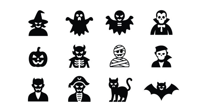 Halloween themed vector icons featuring witches ghosts vampires skeletons mummies black cats bats pumpkins and pirates in bold black silhouettes