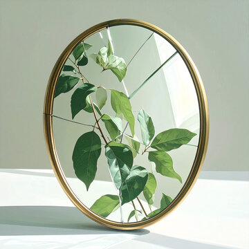 A fractured mirror reflects green leaves on a table indoors.