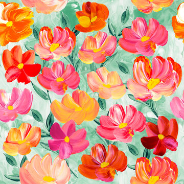 Seamless pattern of abstract red and pink flowers, original hand drawn, impressionism style, color texture