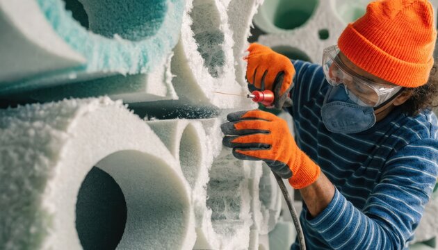 Closeup medium shot of a worker hotwiring decorative foam wall baffles focusing on soundproofing and aesthetic texture creation in a studio environment.