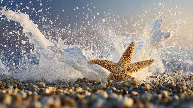 receding. A broken starfish lying on a pebble beach, as if just thrown by a receding wave. wildlife magazines, conservation campaigns, designed for nature documentaries and education.