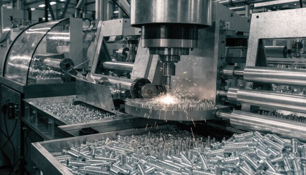 Dynamic medium shot of aluminumfocused fastener manufacturing using energyefficient equipment highlighting the use of recycled aluminum wire and bars in a clean factory