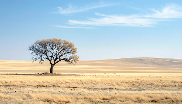 A lone dry tree stands in a vast flat land with a smooth horizon.