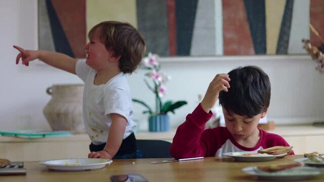Young children sitting at table during mealtime with one child crying and pointing while older sibling sits pensive and disengaged showing contrasting emotions in home environment