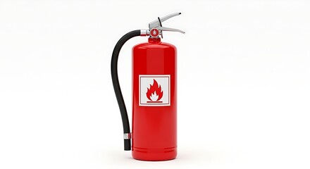 Obraz premium Functional red fire extinguisher with metal squeeze handles and a flame symbol label on a bright white setting.