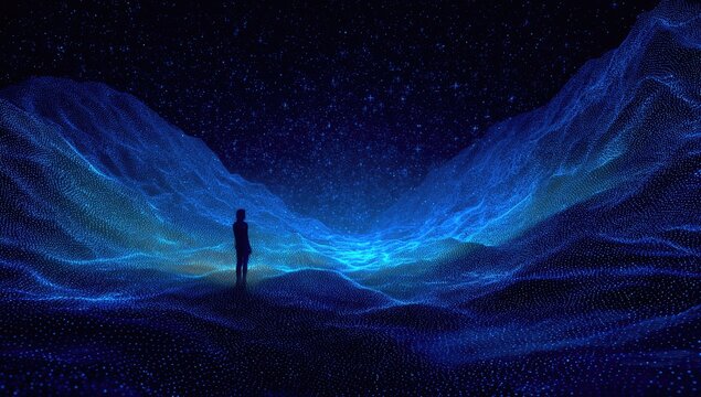 A lone figure stands in a vast, glowing, digital landscape