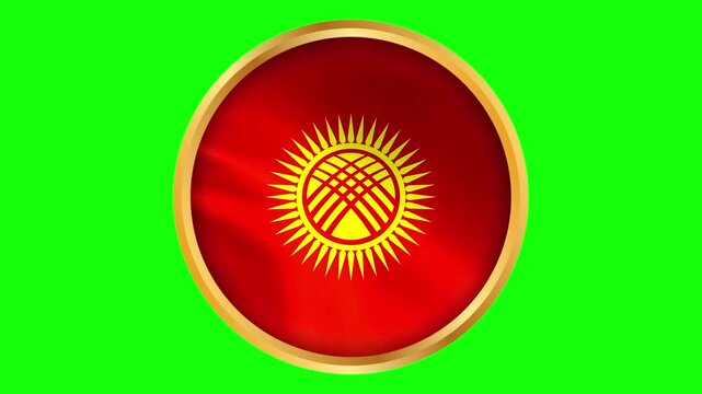 Kyrgyzstan Round Framed National Wavy Flag. Circular Blowing Flag of Kyrgyzstan with Gold Frame.