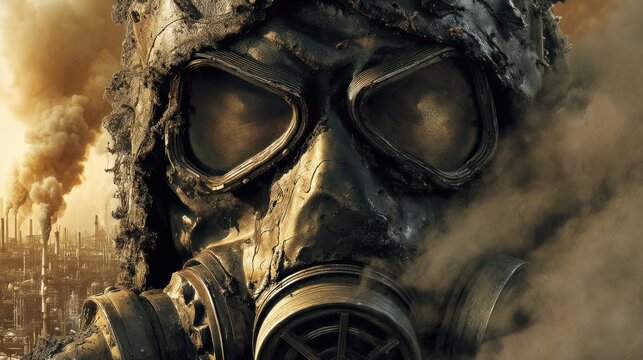 Gas mask portrait amidst industrial pollution