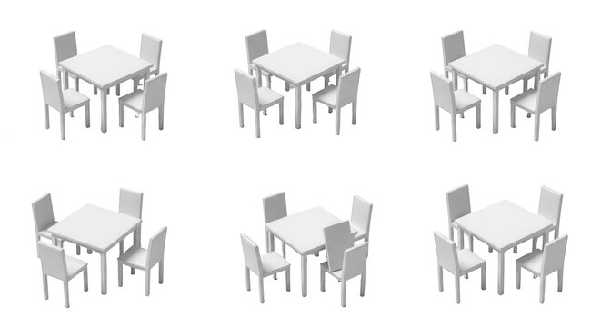 six high angle views of square tables and chairs arranged for various seating arrangements with white background design usage