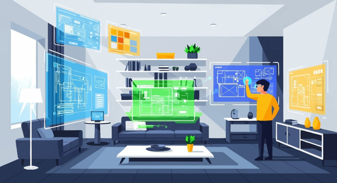 Smart home interior with futuristic interface projections