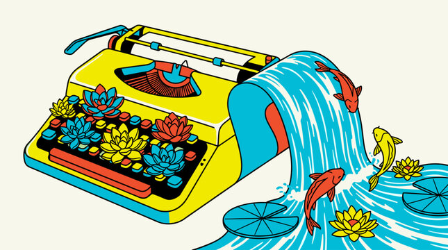 Vintage Typewriter Succulent Waterfall and Koi Fish Pop Surrealism Flat Illustration with Bold Outlines