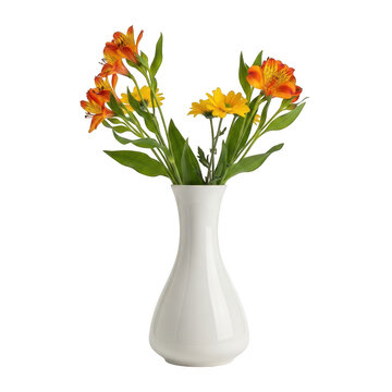 A white vase with vibrant orange and yellow flowers on a white background