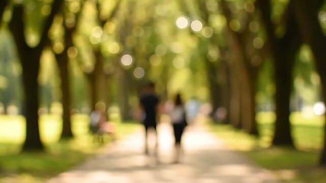 Blurred view of two people walking on a tree-lined path in a sunny park, with other figures in the background.