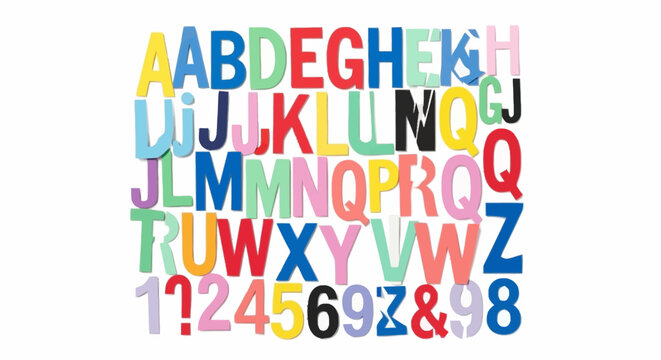 Colorful alphabet letters and numbers on white background