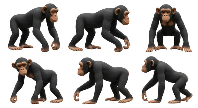 chimpanzees walking multiple views studio white background educational animal or science resource